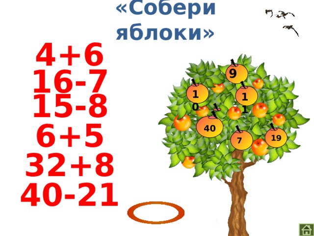 «Собери яблоки» 4+6 16-7 9 10 11 15-8 6+5 40 19 7   32+8 40-21 