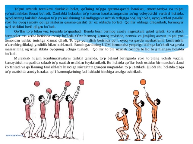 To`pni uzatish texnikasi dastlabki holat, qo`lning to`pga qarama-qarshi harakati, amortizatsiya va to`pni yo`naltirishdan iborat bo`ladi. Dastlabki holatdan to`p tomon harakatlangandan so`ng voleybolchi vertikal holatda, oyoqlarining bukilish darajasi to`p yo`nalishining balandligiga va uchish tezligiga bog`liq holda, oyoq kaftlari parallel yoki bir oyoq (asosiy qo`lga nisbatan qarama-qarshi) bir oz oldinda bo`ladi. Qo`llar oldinga chiqariladi, barmoqlar oval shaklini hosil qilgan bo`ladi. Qo`llar to`p bilan yuz tepasida to`qnashadi. Bunda bosh barmoq asosiy nagruzkani qabul qiladi, ko`rsatkich barmoqlar esa zarba betishda asosiy bo`ladi. O`rta barmoq kamroq ravishda, nomsiz va jimjiloq asosan to`pni yon tomondan ushlab turishga xizmat qiladi. To`pga yo`nalish berishda qo`l, oyoq va gavda mushaklarini kuchlanishi o`zaro birgalikdagi yaxlitlik bilan izohlanadi. Bunda gavdaning UOM birmuncha yuqoriga-oldinga ko`chadi va gavda massasining og`irligi ikkita oyoqning uchiga tushadi. Qo`llar to`pni uzatish oxirida to`liq to`g`rilangan holatda bo`ladi. Murakkab hujum kombinatsiyalarni tashkil qilishda, to`p baland berilganda yoki to`pning uchish vaqtini kamaytirish maqsadida sakrab to`p uzatish usulidan foydalaniladi. Bu holatda qo`llar bosh ustidan birmuncha baland ko`tariladi va qo`llarning faol ishlashi hisobiga sakrashning yuqori nuqtasidan to`p uzatiladi. Huddi shu holatda qisqa to`p uzatishda asosiy harakat qo`1 barmoqlarining faol ishlashi hisobiga amalga oshiriladi. www.arxiv.uz 