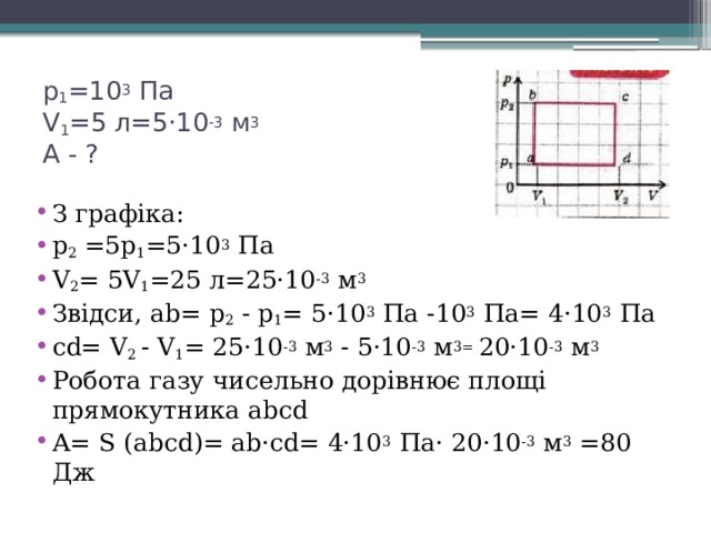 p 1 =10 3 Па  V 1 =5 л=5·10 -3 м 3  А - ? З графіка: p 2 =5p 1 =5·10 3 Па V 2 = 5V 1 =25 л=25·10 -3 м 3  Звідси, ab= p 2 - p 1 = 5·10 3 Па -10 3 Па= 4·10 3 Па сd= V 2 - V 1 = 25·10 -3 м 3 - 5·10 -3 м 3= 20·10 -3 м 3  Робота газу чисельно дорівнює площі прямокутника abcd А= S (abcd)= ab·cd= 4·10 3 Па· 20·10 -3 м 3 =80 Дж 