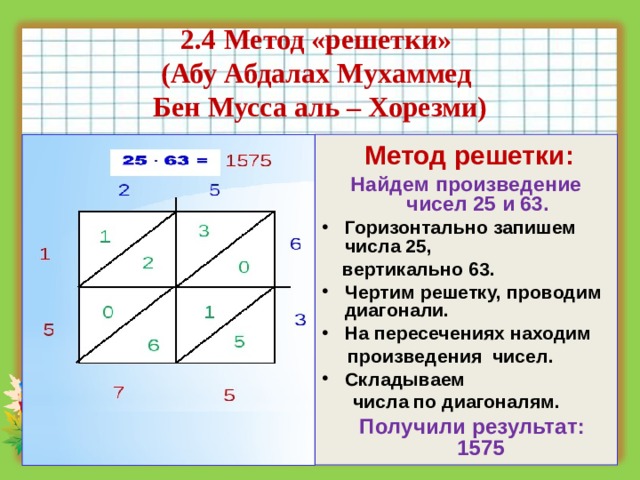 2.4 Метод «решетки»  (Абу Абдалах Мухаммед  Бен Мусса аль – Хорезми)  Метод решетки: Найдем произведение чисел 25 и 63. Горизонтально запишем числа 25,  вертикально 63. Чертим решетку, проводим диагонали. На пересечениях находим  произведения чисел. Складываем  числа по диагоналям.  Получили результат: 1575 
