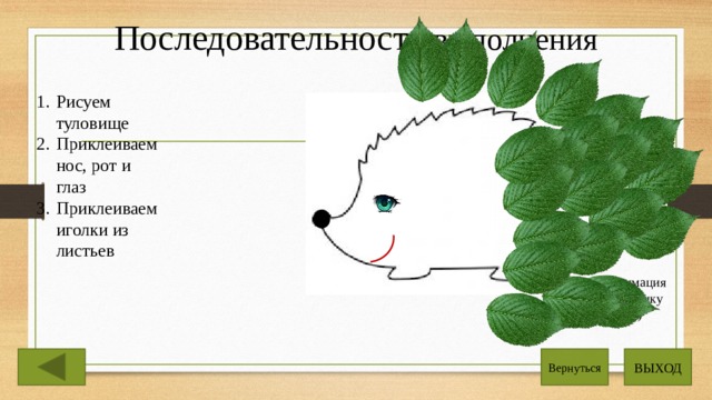 Последовательность выполнения   Рисуем туловище Приклеиваем нос, рот и глаз Приклеиваем иголки из листьев (Анимация по щелчку мыши) ВЫХОД Вернуться 