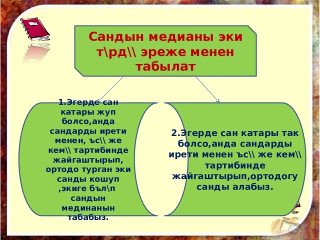 Сандын медианы эки т\рд\\ эреже менен табылат 1.Эгерде сан катары жуп болсо,анда сандарды ирети менен, ъс\\ же кем\\ тартибинде жайгаштырып, ортодо турган эки санды кошуп ,экиге бъл\п сандын мединанын табабыз. 2.Эгерде сан катары так болсо,анда сандарды ирети менен ъс\\ же кем\\ тартибинде жайгаштырып,ортодогу санды алабыз. 