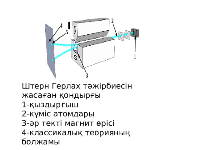 Штерн Герлах тәжірбиесін жасаған қондырғы 1-қыздырғыш 2-күміс атомдары 3-әр текті магнит өрісі 4-классикалық теорияның болжамы 