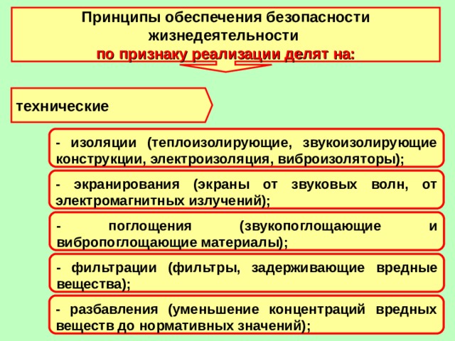 Реализация признака. Принципы ОБЖ. Принципы безопасности БЖД по признаку реализации. Принципы обеспечения безопасности по признаку реализации делятся на:. Технические принципы ОБЖ.