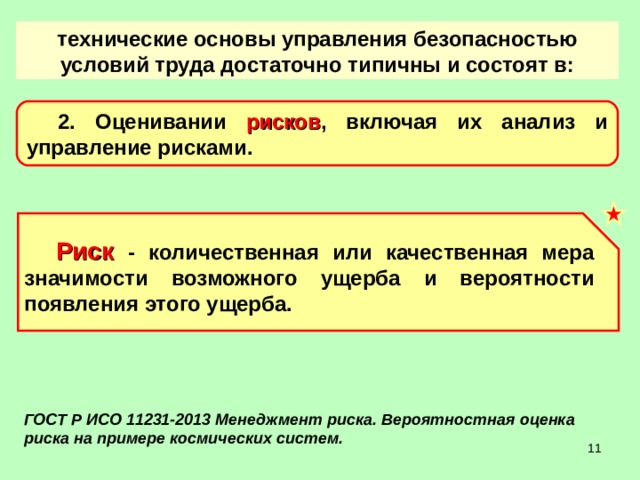 технические основы управления безопасностью условий труда достаточно типичны и состоят в: 2. Оценивании рисков , включая их анализ и управление рисками. Риск  - количественная или качественная мера значимости возможного ущерба и вероятности появления этого ущерба. ГОСТ Р ИСО 11231-2013 Менеджмент риска. Вероятностная оценка риска на примере космических систем.  