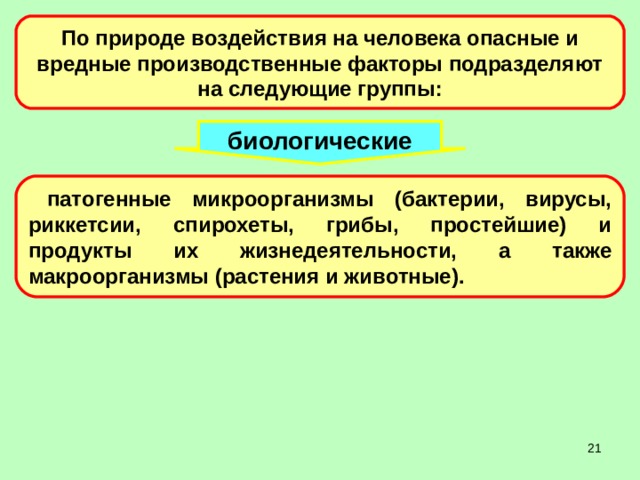 По природе воздействия на человека опасные и вредные производственные факторы подразделяют на следующие группы: биологические патогенные микроорганизмы (бактерии, вирусы, риккетсии, спирохеты, грибы, простейшие) и продукты их жизнедеятельности, а также макроорганизмы (растения и животные).  