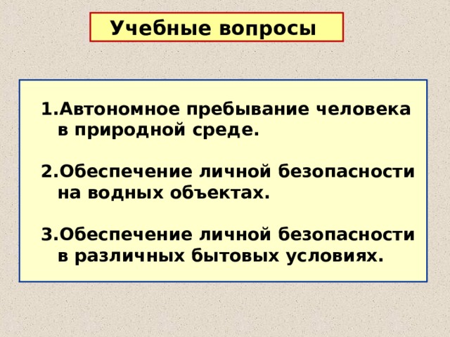 Учебные вопросы Автономное пребывание человека в природной среде.  Обеспечение личной безопасности на водных объектах.  Обеспечение личной безопасности в различных бытовых условиях. 