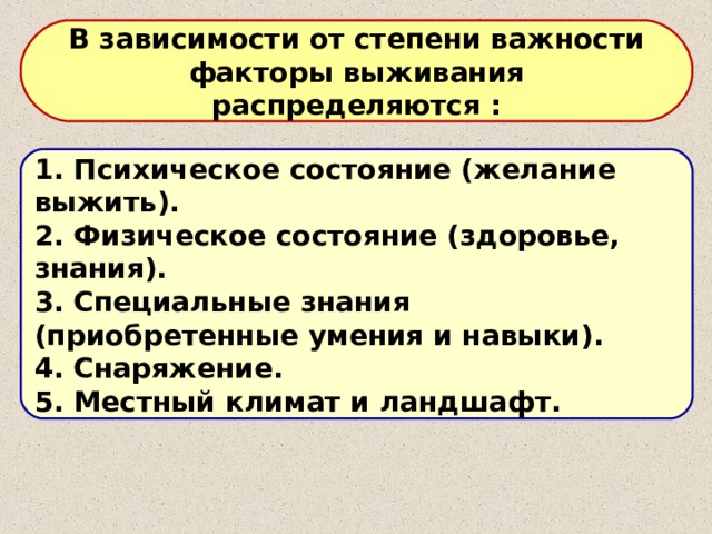 В зависимости от степени важности факторы выживания распределяются : 1. Психическое состояние (желание выжить). 2. Физическое состояние (здоровье, знания). 3. Специальные знания (приобретенные умения и навыки). 4. Снаряжение. 5. Местный климат и ландшафт. 