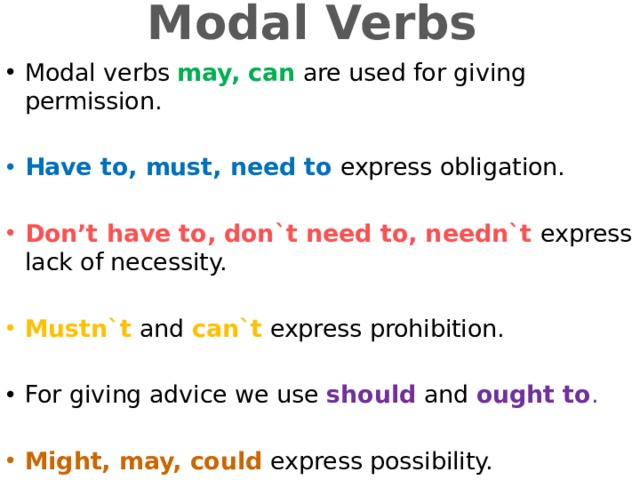 Modal Verbs Modal verbs may, can  are used for giving permission. Have to, must, need to  express obligation. Don’t have to, don`t need to, needn`t  express lack of necessity. Mustn`t  and can`t express prohibition. For giving advice we use should  and ought to . Might, may, could  express possibility. 