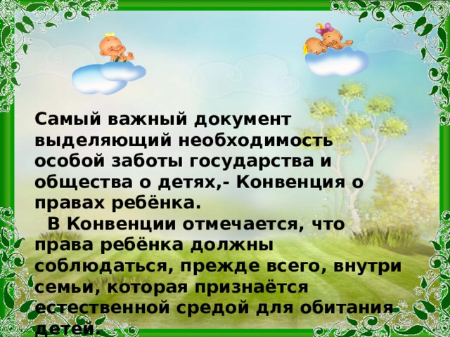 Самый важный документ выделяющий необходимость особой заботы государства и общества о детях,- Конвенция о правах ребёнка.  В Конвенции отмечается, что права ребёнка должны соблюдаться, прежде всего, внутри семьи, которая признаётся естественной средой для обитания детей.  Права ребёнка не отделимы от семьи, и именно семья должна нести за них ответственность. 