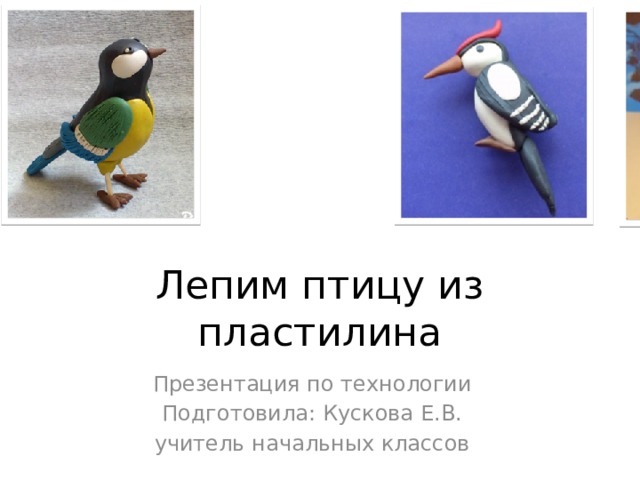 Лепим птицу из пластилина Презентация по технологии Подготовила: Кускова Е.В. учитель начальных классов 
