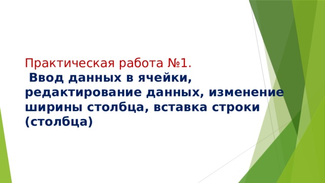    Практическая работа №1.   Ввод данных в ячейки, редактирование данных, изменение ширины столбца, вставка строки (столбца) 