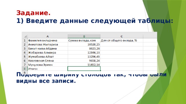 Задание.  1) Введите данные следующей таблицы:         Подберите ширину столбцов так, чтобы были видны все записи.   