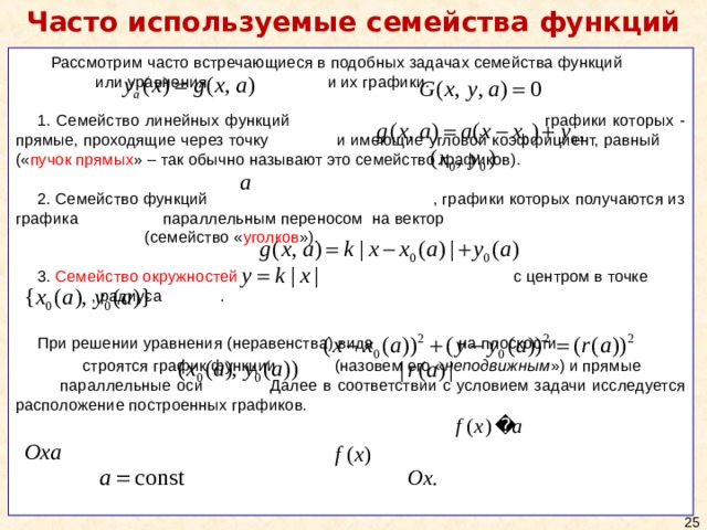 Часто используемые семейства функций  Рассмотрим часто встречающиеся в подобных задачах семейства функций или уравнения и их графики. 1. Семейство линейных функций графики которых - прямые, проходящие через точку и имеющие угловой коэффициент, равный (« пучок прямых » – так обычно называют это семейство графиков). 2. Семейство функций , графики которых получаются из графика параллельным переносом на вектор   (семейство « уголков »). 3. Семейство окружностей с центром в точке , радиуса . При решении уравнения (неравенства) вида на плоскости    строятся график функции  (назовем его « неподвижным ») и прямые  параллельные оси  Далее в соответствии с условием задачи исследуется расположение построенных графиков.  