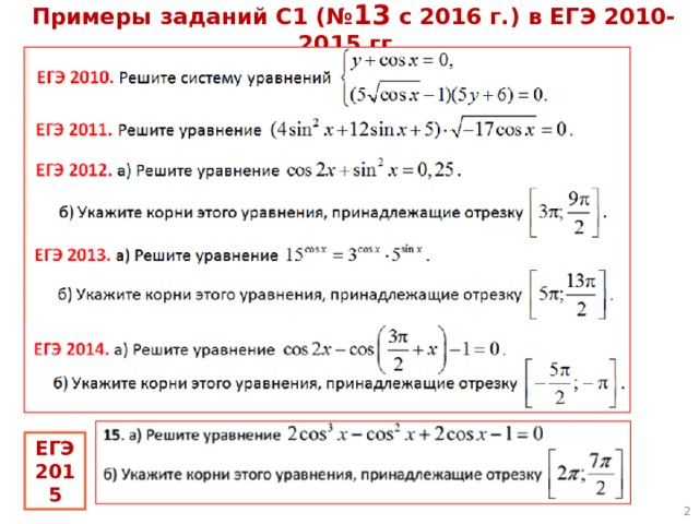  Примеры  заданий С1 (№ 13 с 2016 г.) в ЕГЭ 2010-2015 гг. ЕГЭ 2015  