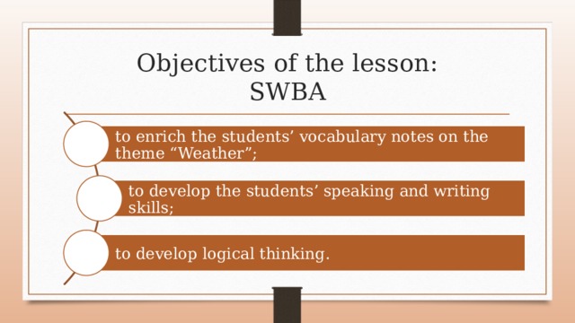 Objectives of the lesson:  SWBA to enrich the students’ vocabulary notes on the theme “Weather”; to develop the students’ speaking and writing skills; to develop logical thinking. 