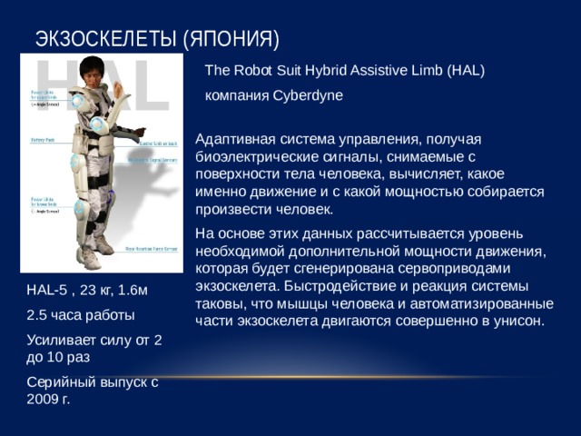 Экзоскелеты (Япония) The Robot Suit Hybrid Assistive Limb (HAL) компания Cyberdyne Адаптивная система управления, получая биоэлектрические сигналы, снимаемые с поверхности тела человека, вычисляет, какое именно движение и с какой мощностью собирается произвести человек. На основе этих данных рассчитывается уровень необходимой дополнительной мощности движения, которая будет сгенерирована сервоприводами экзоскелета. Быстродействие и реакция системы таковы, что мышцы человека и автоматизированные части экзоскелета двигаются совершенно в унисон. HAL-5 , 23 кг, 1.6м 2.5 часа работы Усиливает силу от 2 до 10 раз Серийный выпуск с 2009 г. 
