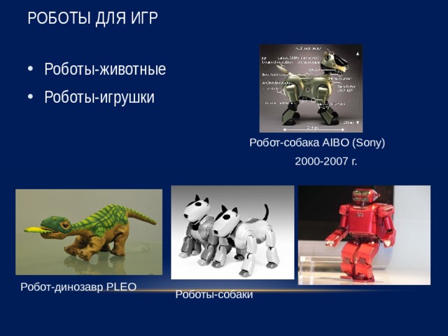 Роботы для игр Роботы-животные Роботы-игрушки Робот-собака AIBO (Sony) 2000-2007 г. Робот-динозавр PLEO Роботы-собаки 