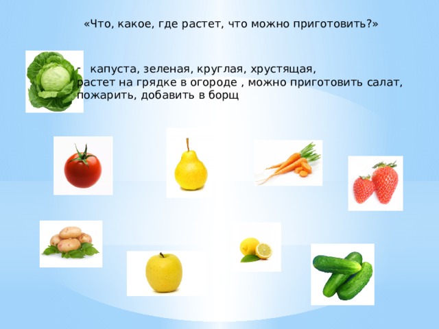 «Что, какое, где растет, что можно приготовить?» капуста, зеленая, круглая, хрустящая, растет на грядке в огороде , можно приготовить салат, пожарить, добавить в борщ 