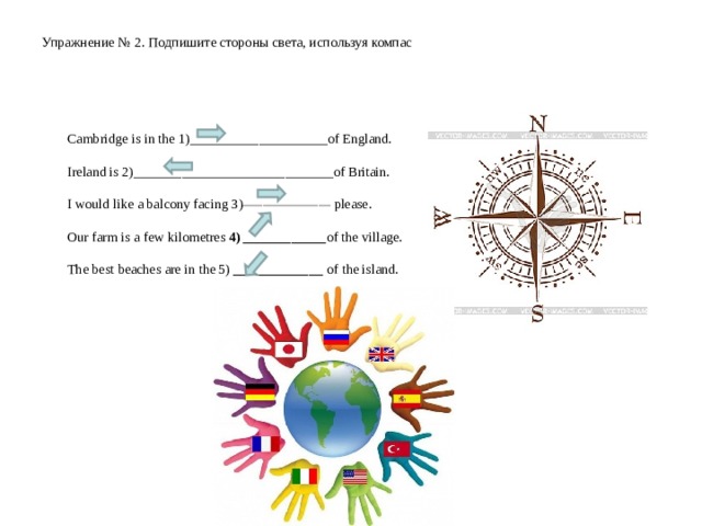 Упражнение № 2 . Подпишите стороны света, используя компас    Cambridge is in the 1)____________________of England. Ireland is 2)_____________________________of Britain. I would like a balcony facing З ) ______________________ please. Our farm is a few kilometres 4) ____________ of the village. The best beaches are in the 5) _____________ of the island.     