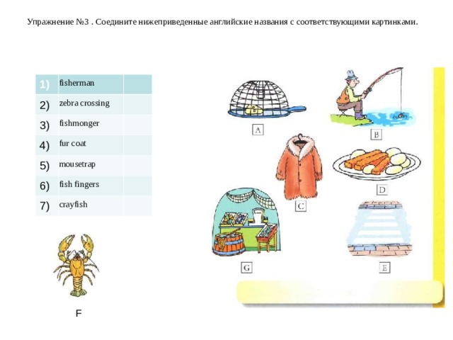  Упражнение №3 . Соедините нижеприведенные английские названия с соответствующими картинками.       1) fisherman 2) zebra crossing 3) fishmonger 4) fur coat 5) mousetrap 6) fish fingers 7) crayfish F 