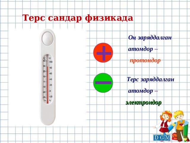 Терс сандар физикада  Оң заряддалган  атомдор –  протондор   Терс заряддалган  атомдор –  электрондор  20 