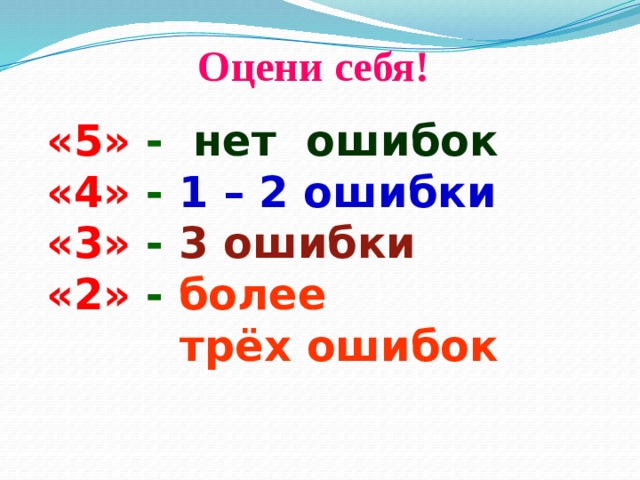 Оцени себя! «5»  - нет ошибок «4»  - 1 – 2 ошибки «3»  - 3 ошибки «2»  - более  трёх ошибок 