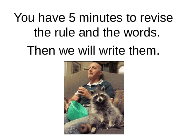 You have 5 minutes to revise the  rule and the words. Then we will write them. 