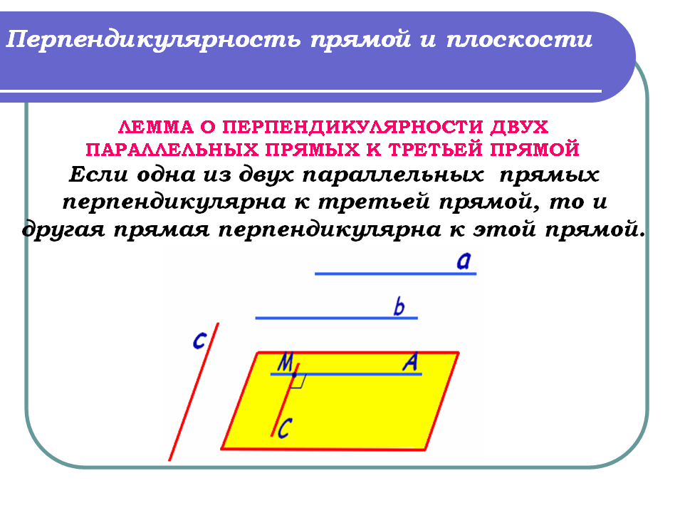 2 прямые параллельные третьей прямой параллельны. Лемма о перпендикулярных прямых в пространстве. Лемма перпендикулярности двух прямых в пространстве. Перпендикулярные прямые в пространстве. Параллельность прямых перпендикулярных плоскости.