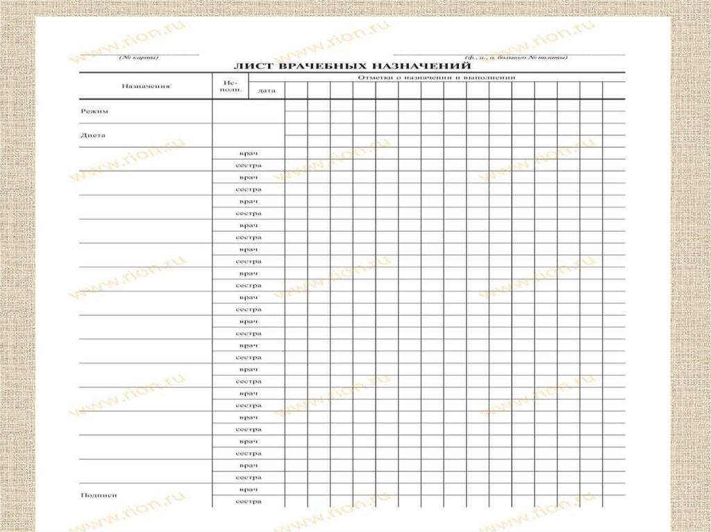 Лист назначений в истории болезни образец