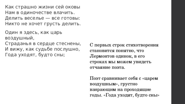 Как страшно жизни сей оковы  Нам в одиночестве влачить.  Делить веселье — все готовы:  Никто не хочет грусть делить. Один я здесь, как царь воздушный,  Страданья в сердце стеснены,  И вижу, как судьбе послушно,  Года уходят, будто сны; С первых строк стихотворения становится понятно, что Лермонтов одинок, в его строках мы можем увидеть отчаяние поэта. Поэт сравнивает себя с «царем воздушным», грустно взирающим на проходящие годы. «Года уходят, будто сны» 