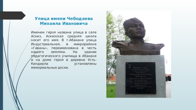 Улица имени Чебодаева Михаила Ивановича Именем героя названа улица в селе Аскиз, Аскизская средняя школа носит его имя. В г.Абакане улица Индустриальная, в микрорайоне «Гавань», переименована в честь нашего земляка. На здании педагогического училища в Абакане и на доме героя в деревне Усть-Киндирла установлены мемориальные доски. 