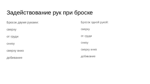 Задействование рук при броске Бросок двумя руками: Бросок одной рукой: сверху сверху от груди от груди снизу снизу сверху вниз сверху вниз добивание добивание 