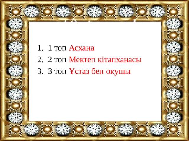 1 топ Асхана 2 топ Мектеп кітапханасы 3 топ Ұстаз бен оқушы 