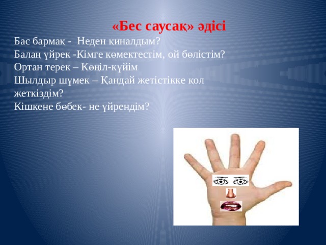  «Бес саусақ» әдісі Бас бармақ - Неден қиналдым? Балаң үйрек -Кімге көмектестім, ой бөлістім? Ортан терек – Көңіл-күйім Шылдыр шүмек – Қандай жетістікке қол жеткіздім? Кішкене бөбек- не үйрендім?  