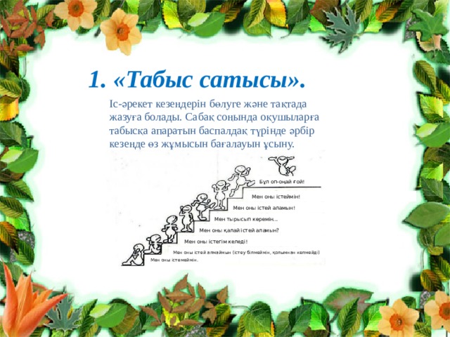 1. «Табыс сатысы». Іс-әрекет кезеңдерін бөлуге және тақтада жазуға болады. Сабақ соңында оқушыларға табысқа апаратын баспалдақ түрінде әрбір кезеңде өз жұмысын бағалауын ұсыну. Бұл оп-оңай ғой! Мен оны істеймін! Мен оны істей аламын! Мен тырысып көремін... Мен оны қалай істей аламын? Мен оны істегім келеді! Мен оны істей алмаймын (істеу білмеймін, қолымнан келмейді) Мен оны істемеймін. 