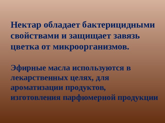 Нектар обладает бактерицидными свойствами  и защищает завязь цветка от микроорганизмов.  Эфирные масла используются в лекарственных целях, для ароматизации продуктов, изготовления парфюмерной продукции 