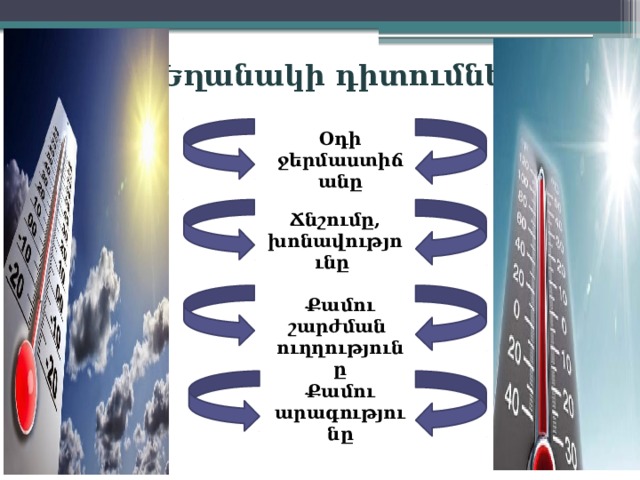 Եղանակի դիտումներ Օդի ջերմաստիճանը Ճնշումը, խոնավությունը Քամու շարժման ուղղությունը Քամու արագությունը 