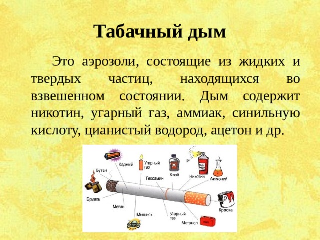 Табачный дым  Это аэрозоли, состоящие из жидких и твердых частиц, находящихся во взвешенном состоянии. Дым содержит никотин, угарный газ, аммиак, синильную кислоту, цианистый водород, ацетон и др. 