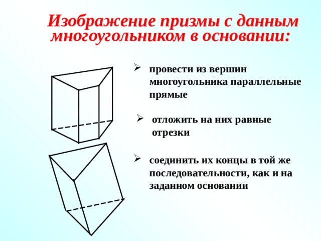 Изображение призмы с данным многоугольником в основании: провести из вершин многоугольника параллельные прямые  отложить на них равные отрезки   соединить их концы в той же последовательности, как и на заданном основании 