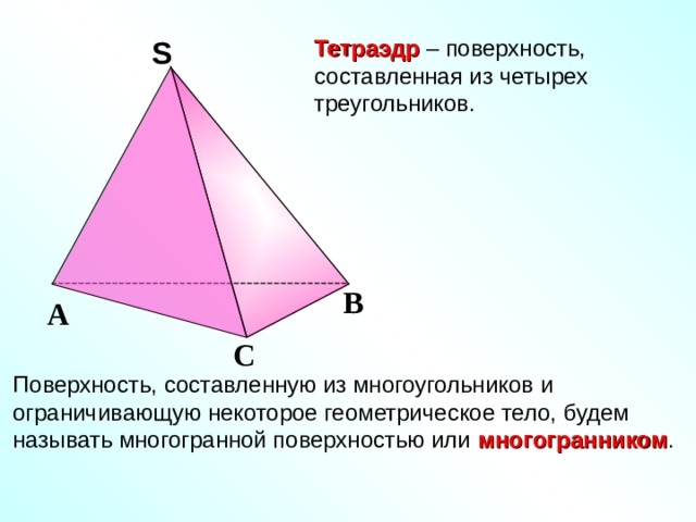 Тетраэдр – поверхность, составленная из четырех треугольников. S S В А С Поверхность, составленную из многоугольников и ограничивающую некоторое геометрическое тело, будем называть многогранной поверхностью или многогранником . 4 