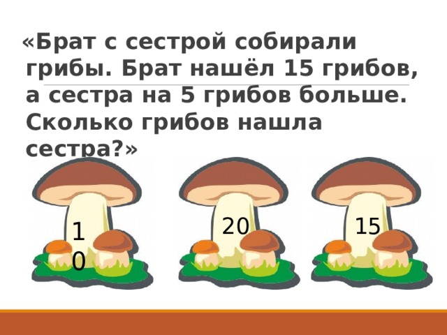 «Брат с сестрой собирали грибы. Брат нашёл 15 грибов, а сестра на 5 грибов больше. Сколько грибов нашла сестра?» 20 15 10 