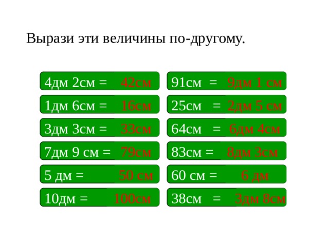 Вырази эти величины по-другому. 9дм 1 см 91см = 4дм 2см = 42см 25см = 1дм 6см = 2дм 5 см 16см 6дм 4см 33см 3дм 3см = 64см = 7дм 9 см = 83см = 79см 8дм 3см На ответы подключены триггеры. 60 см = 5 дм = 50 см 6 дм 38см = 10дм = 100см 3дм 8см 11 