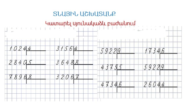  ՏՆԱՅԻՆ ԱՇԽԱՏԱՆՔ   Կատարել սյունակաձև բաժանում 