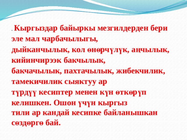 . Кыргыздар байыркы мезгилдерден бери эле мал чарбачылыгы, дыйканчылык, кол өнөрчүлүк, аңчылык, кийинчирээк бакчылык, бакчачылык, пахтачылык, жибекчилик, тамекичилик сыяктуу ар түрдүү кесиптер менен күн өткөрүп келишкен. Ошон үчүн кыргыз тили ар кандай кесипке байланышкан сөздөргө бай. 