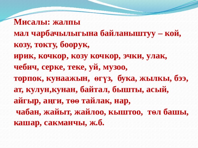 Мисалы: жалпы мал чарбачылыгына байланыштуу – кой, козу, токту, боорук, ирик, кочкор, козу кочкор, эчки, улак, чебич, серке, теке, уй, музоо, торпок, кунаажын, өгүз, бука, жылкы, бээ, ат, кулун,кунан, байтал, бышты, асый, айгыр, аңги, төө тайлак, нар,  чабан, жайыт, жайлоо, кыштоо, төл башы, кашар, сакманчы, ж.б. 