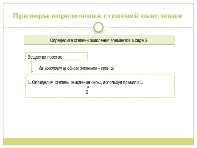 Примеры определения степеней окисления Определите степени окисления элементов в сере S.   да (состоит из одного элемента – серы S) Вещество простое 1. Определим степень окисления серы, используя правило 1.  0  S 