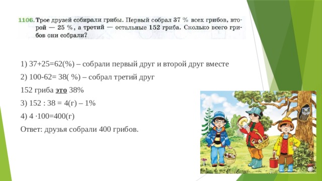 1) 37+25=62(%) – собрали первый друг и второй друг вместе 2) 100-62= 38( %) – собрал третий друг 152 гриба это 38% 3) 152 : 38 = 4(г) – 1% 4) 4 ∙100=400(г) Ответ: друзья собрали 400 грибов. 