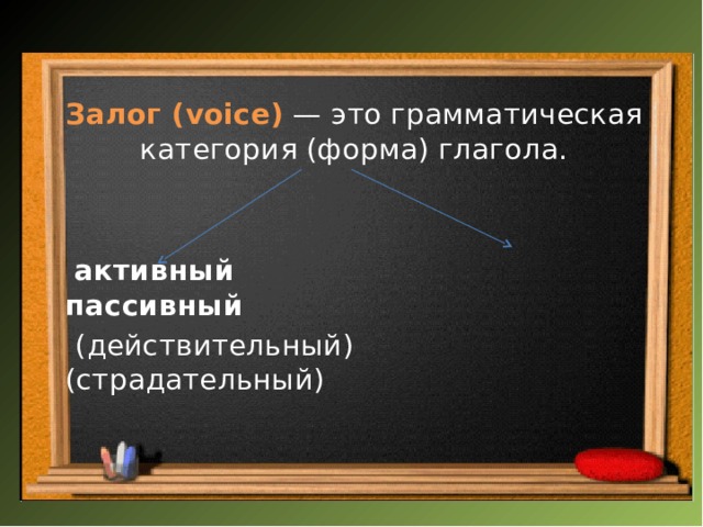 Залог (voice)  — это грамматическая категория (форма) глагола.       активный пассивный   (действительный) (страдательный) 