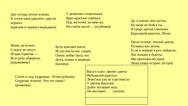 Стоит в саду кудряшка - белая рубашка,  Сердечко золотое. Что это такое?  (ромашка)   У девчонки-тонконожки Ярко-красные серёжки. Под листочек загляни-ка, На стебле висит ... (клубника)   Две сестры летом зелены,  К осени одна краснеет, другая чернеет.  (красная и черная смородины) Да, в шипах мои кусты, Но меня не бойся ты. Я среди цветов считаюсь Королевой красоты. (Роза)   Грело солнце, теплый дождь Поливал нас летом. Если в первый класс пойдешь, Нас возьми в букеты. Мы цветочки пестрые, Лепесточки острые. (астры)   Низок да колюч,  Сладок не пахуч,  Ягоды сорвешь —  Всю руку обдерешь. (крыжовник) Бусы красные висят  Из кустов на нас глядят,  Очень любят бусы эти  Дети, птицы и медведи. (малина) Вася в класс принес цветы  Небывалой красоты.  Лепестки как из пластмассы  У цветов Василия.  Дайте поскорее вазу,  Он поставит ... (лилии) 